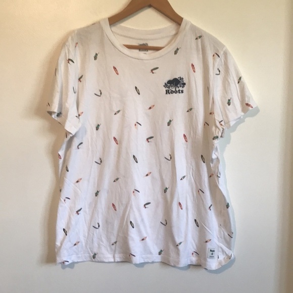 Roots all over surf print T-shirt unisex XL white - Picture 1 of 9